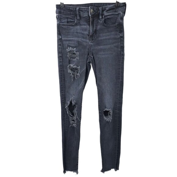 American Eagle Outfitters Hi Rise Jegging Women 4 Super Stretch Distressed Black - Picture 1 of 15